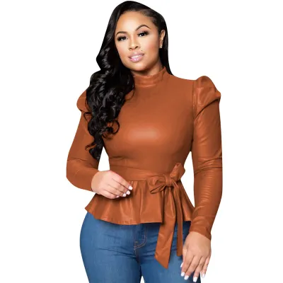 S-3XL Women Fashion Solid Color Long Sleeve PU Leather Blouse