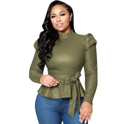 S-3XL Women Fashion Solid Color Long Sleeve PU Leather Blouse