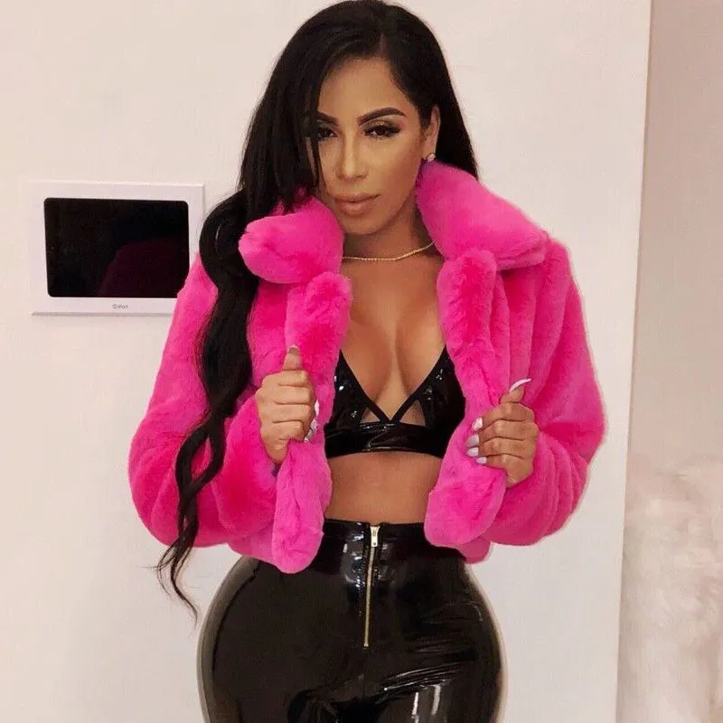 S-XXL Women Fashion Lapel Neck Solid Color Plush Winter Faux Fur Coat