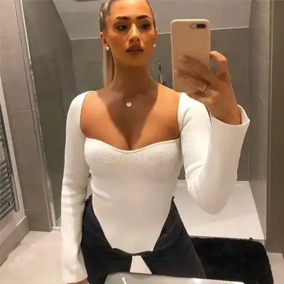 XS-XXL Women Square Neck Solid Color Irregular Hem Pullover Top