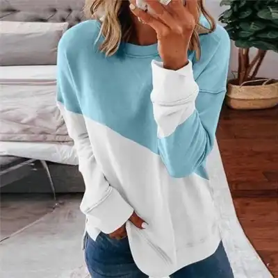 S-XXL Women Contrast Color Loose Fit Long Sleeve Pullover Sweatshirt