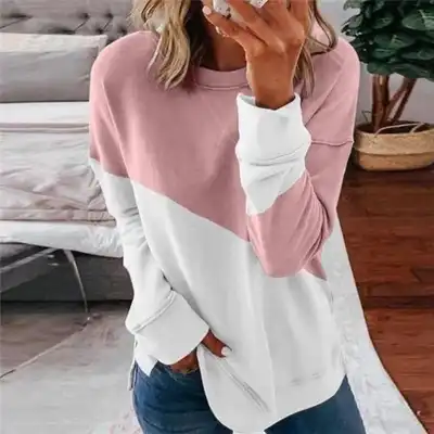 S-XXL Women Contrast Color Loose Fit Long Sleeve Pullover Sweatshirt