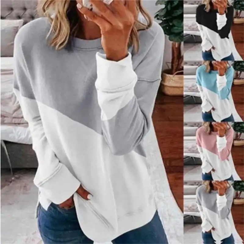 S-XXL Women Contrast Color Loose Fit Long Sleeve Pullover Sweatshirt