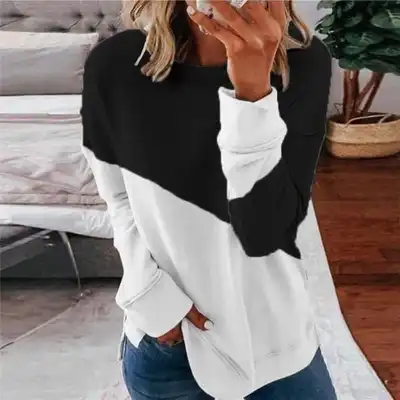 S-XXL Women Contrast Color Loose Fit Long Sleeve Pullover Sweatshirt