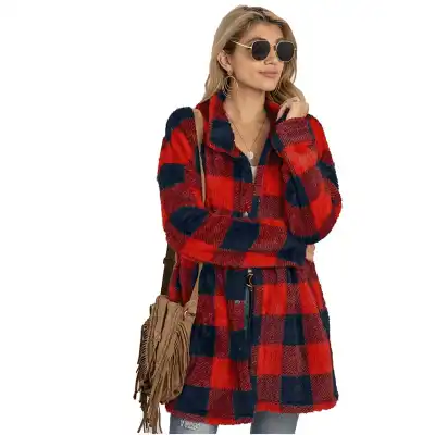 S-XXL Women Fashion Plaid Print Plush Coat