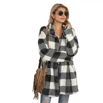 S-XXL Women Fashion Plaid Print Plush Coat