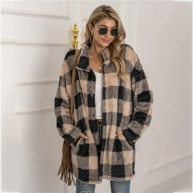 S-XXL Women Fashion Plaid Print Plush Coat
