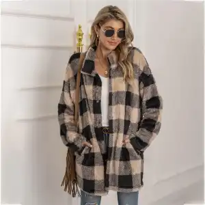 S-XXL Women Fashion Plaid Print Plush Coat
