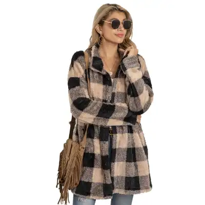 S-XXL Women Fashion Plaid Print Plush Coat