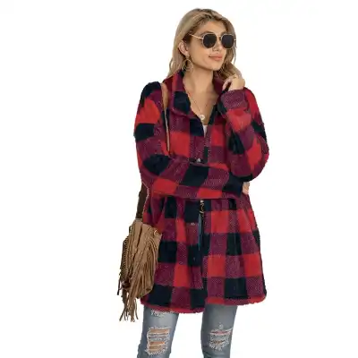 S-XXL Women Fashion Plaid Print Plush Coat