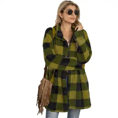 S-XXL Women Fashion Plaid Print Plush Coat