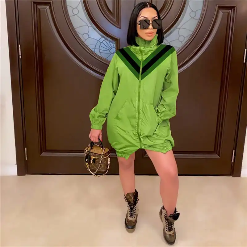 Athleisure Women Stand Collar Zipper Contrast Color Loose Coat