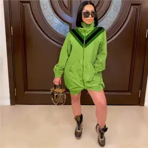 Athleisure Women Stand Collar Zipper Contrast Color Loose Coat