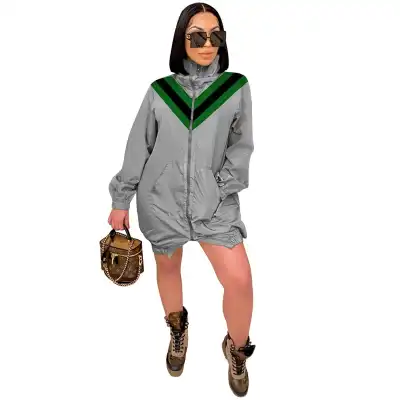 Athleisure Women Stand Collar Zipper Contrast Color Loose Coat