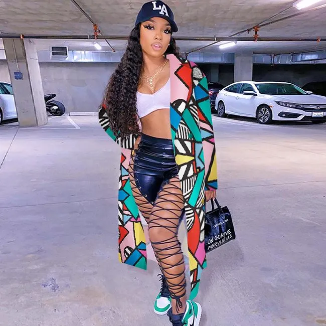 S-XXL Women Fashion Lapel Multicolor Printed Long Sleeve Slim Coat