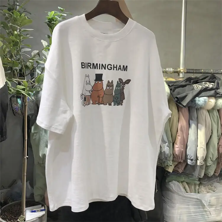 M-2XL Women Cartoon Letter Printed Loose Fit T-Shirt