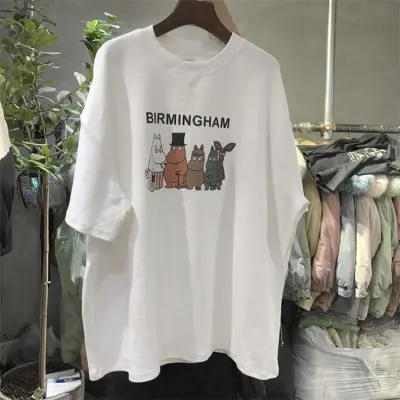 M-2XL Women Cartoon Letter Printed Loose Fit T-Shirt