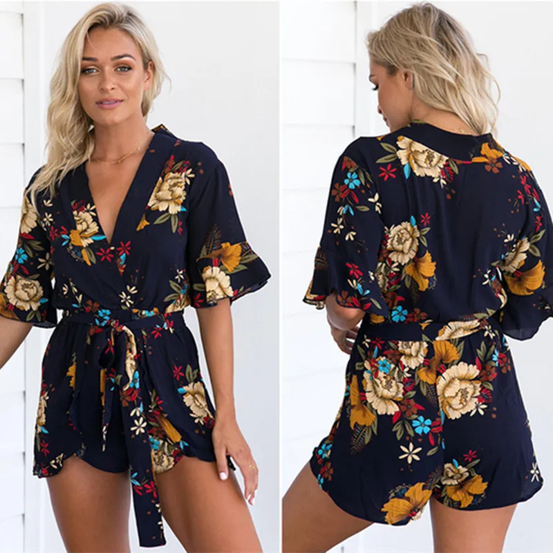 Beach V Collar Floral Print Falbala Short Sleeved Romper
