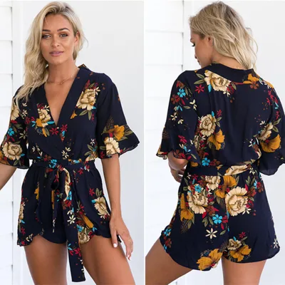 Beach V Collar Floral Print Falbala Short Sleeved Romper