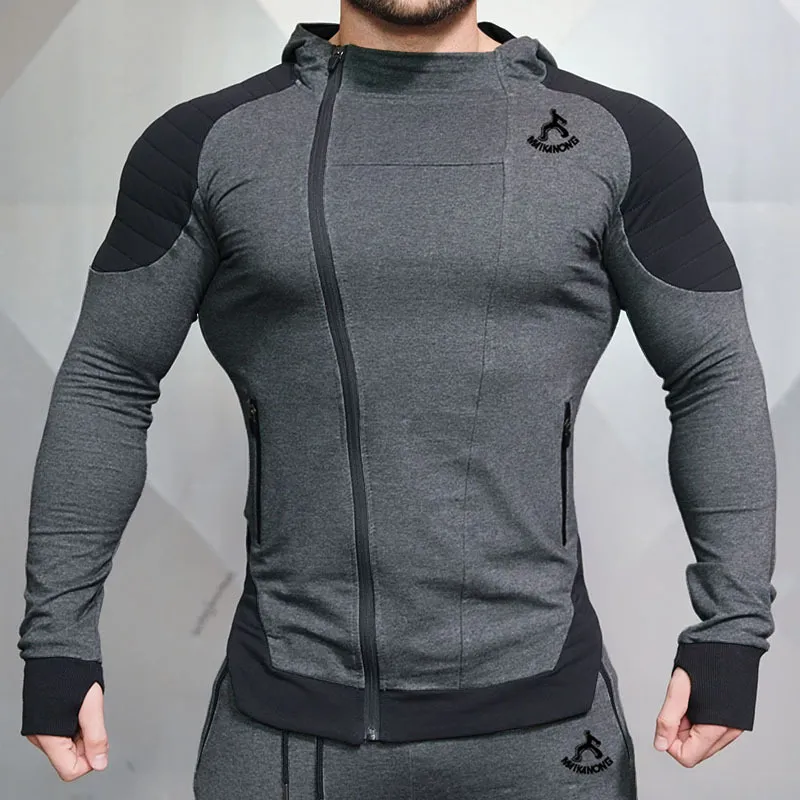 S-2XL Men Contrast Color Asymmetrical Zipper Sports Fitness Hoodie