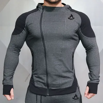 S-2XL Men Contrast Color Asymmetrical Zipper Sports Fitness Hoodie