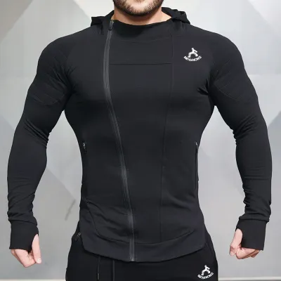 S-2XL Men Contrast Color Asymmetrical Zipper Sports Fitness Hoodie