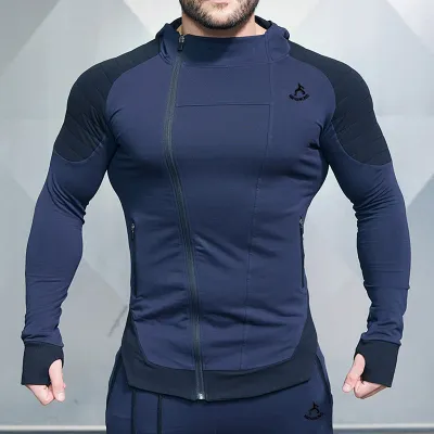 S-2XL Men Contrast Color Asymmetrical Zipper Sports Fitness Hoodie