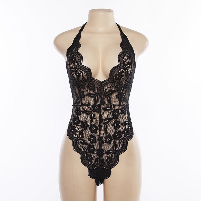 Wholesale S-3XL Women Sexy Hollow Lingerie Lace Deep V Loungewear Bodysuit