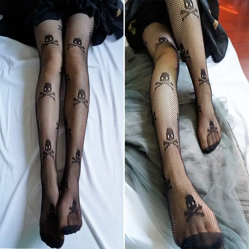 Women Fishnet Mesh Skull Print Lace Punk Style Pantyhose