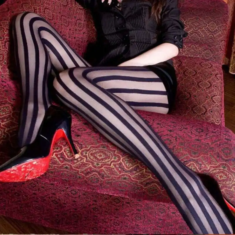 Women Vintage Sexy Black Vertical Stripes Pattern Stretchy Pantyhose