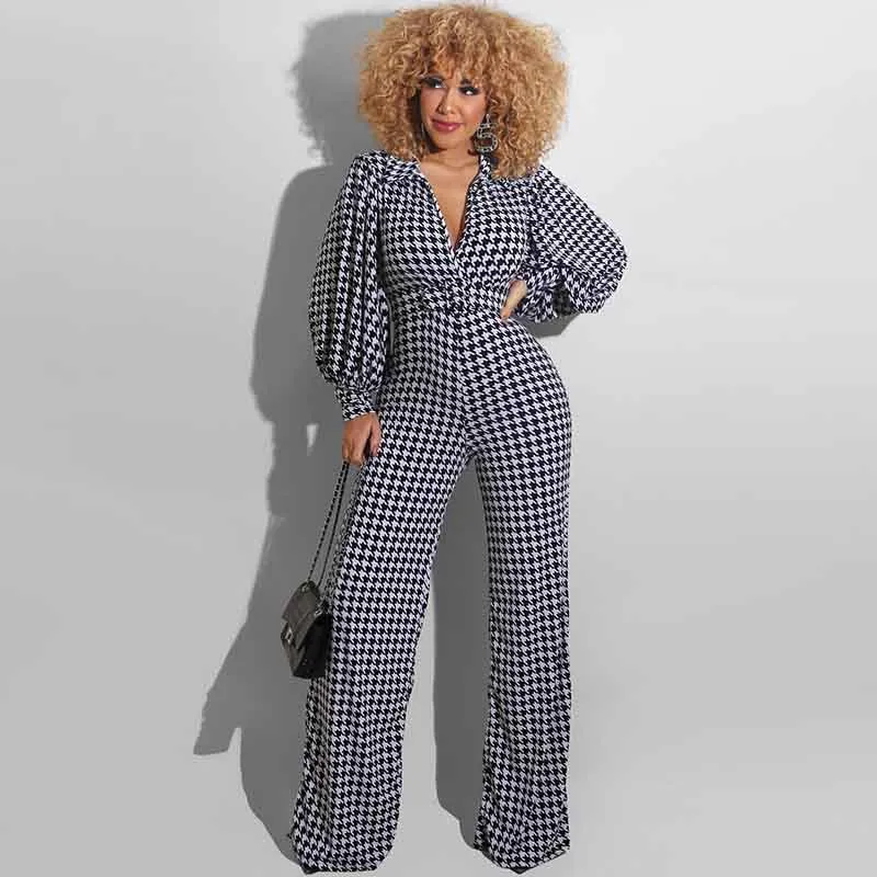 S-5XL Women Plus Size Puff Sleeve Houndstooth Printed Belted Jumpsuits