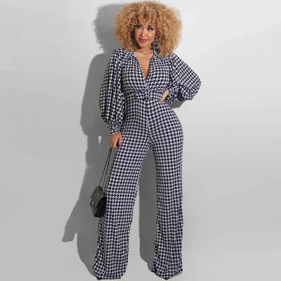 S-5XL Women Plus Size Puff Sleeve Houndstooth Printed Belted Jumpsuits
