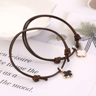 2pcs/set Couple Simple Four-leaf Clover Pendant Solid Color Adjustable Bracelet Set