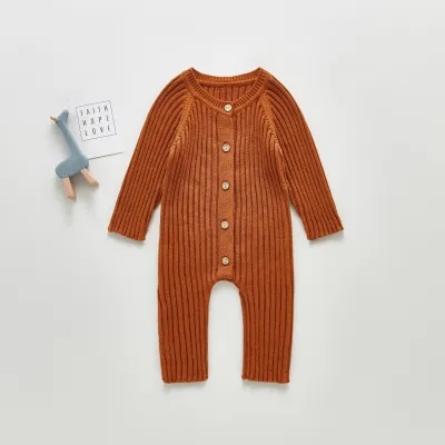 Baby Simple Long Sleeve Single-breasted Vertical Stripe Cotton Blend Knitted Jumpsuit for Boys
