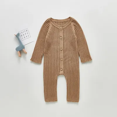Baby Simple Long Sleeve Single-breasted Vertical Stripe Cotton Blend Knitted Jumpsuit for Boys