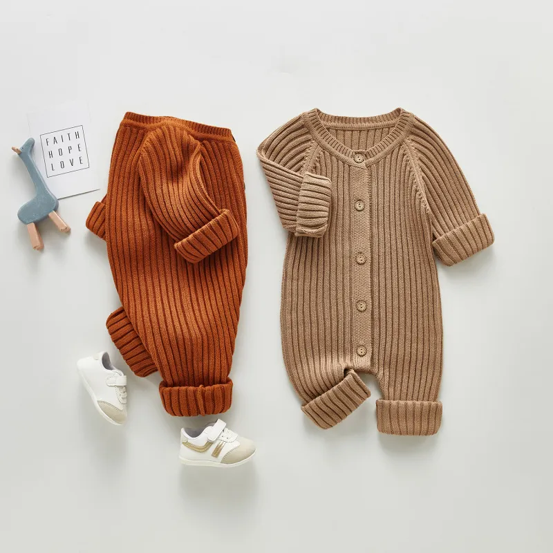 Baby Simple Long Sleeve Single-breasted Vertical Stripe Cotton Blend Knitted Jumpsuit for Boys