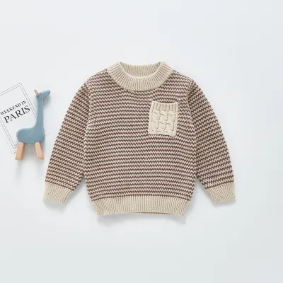 Baby Casual Round Neck Long Sleeve Pocket Knitwear Cotton Striped Plaid Pullover