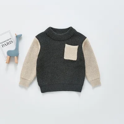 Baby Casual Round Neck Long Sleeve Pocket Knitwear Cotton Striped Plaid Pullover
