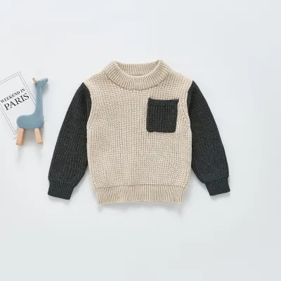 Baby Casual Round Neck Long Sleeve Pocket Knitwear Cotton Striped Plaid Pullover