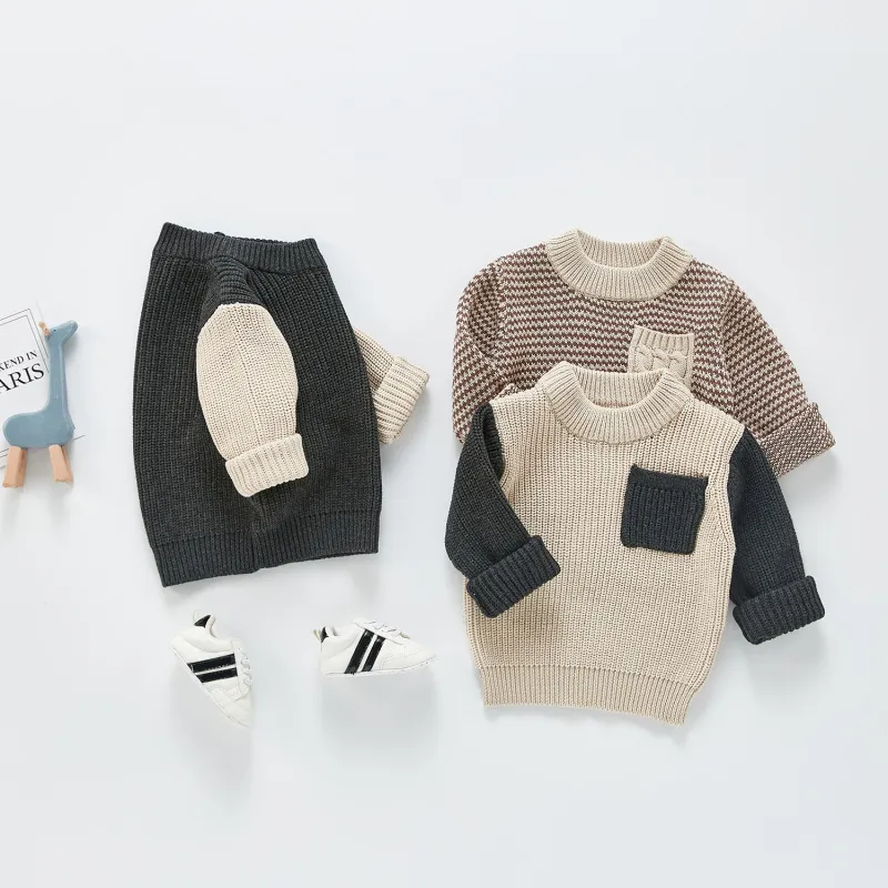 Baby Casual Round Neck Long Sleeve Pocket Knitwear Cotton Striped Plaid Pullover