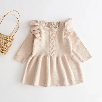 Girls Simple Solid Color Stringy Selvedge Round Neck Long Sleeve Knit Princess Dress