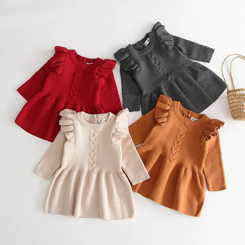 Girls Simple Solid Color Stringy Selvedge Round Neck Long Sleeve Knit Princess Dress