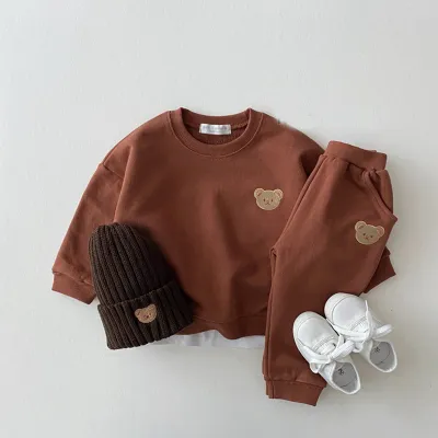Kids Simple Sporty Bear Print Cotton Long Sleeve Pullover Sweatshirt and Sweatpants Set