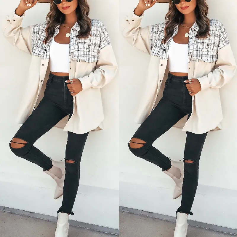Women Casual Lapel Long Sleeve Pocket Plaid Patchwork Single-breasted Corduroy Shacket