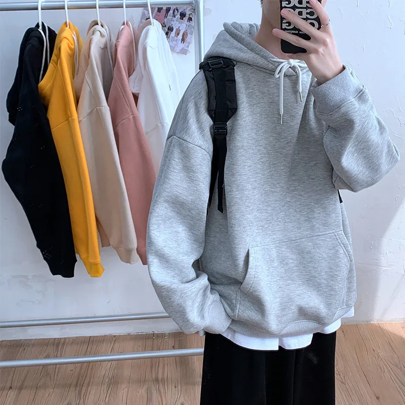Men Basic Solid Color Long Sleeve Pocket Design Loose Pullover Hoodie