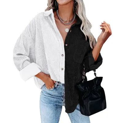 Women Casual Color Block Patchwork Long Sleeve Lapel Blouse