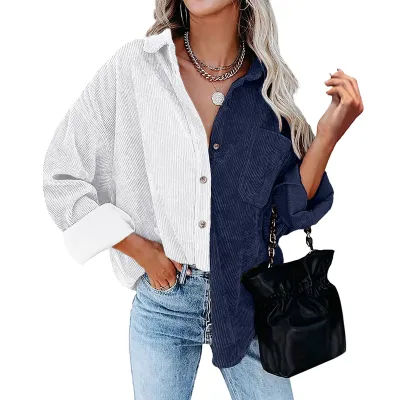 Women Casual Color Block Patchwork Long Sleeve Lapel Blouse