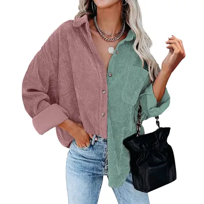 Women Casual Color Block Patchwork Long Sleeve Lapel Blouse