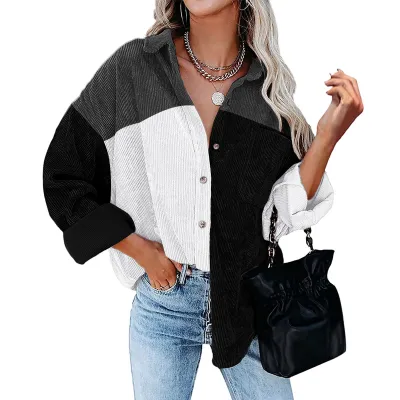 Women Casual Color Block Patchwork Long Sleeve Lapel Blouse
