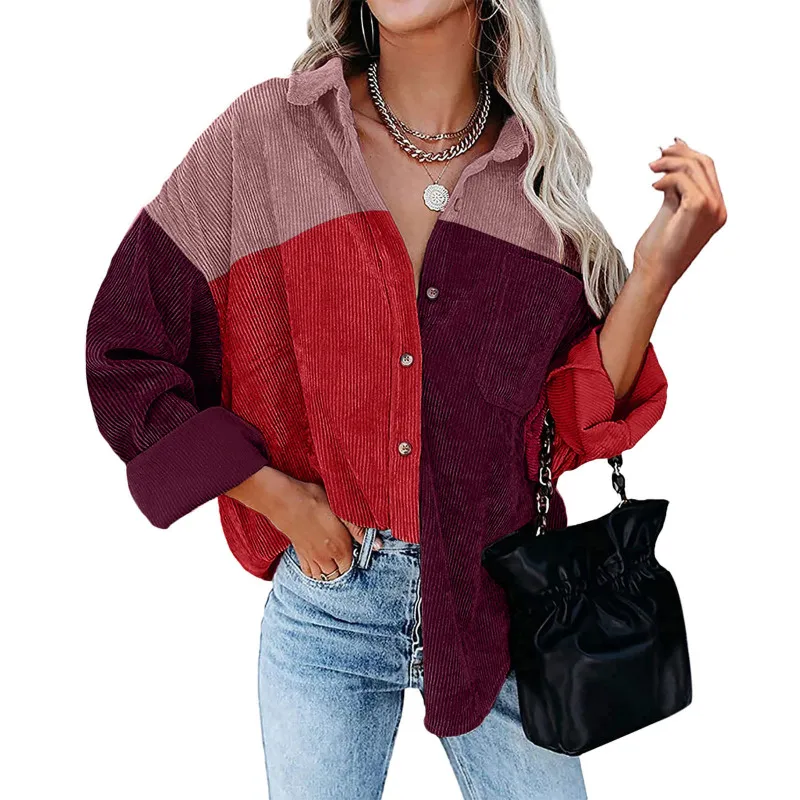 Women Casual Color Block Patchwork Long Sleeve Lapel Blouse